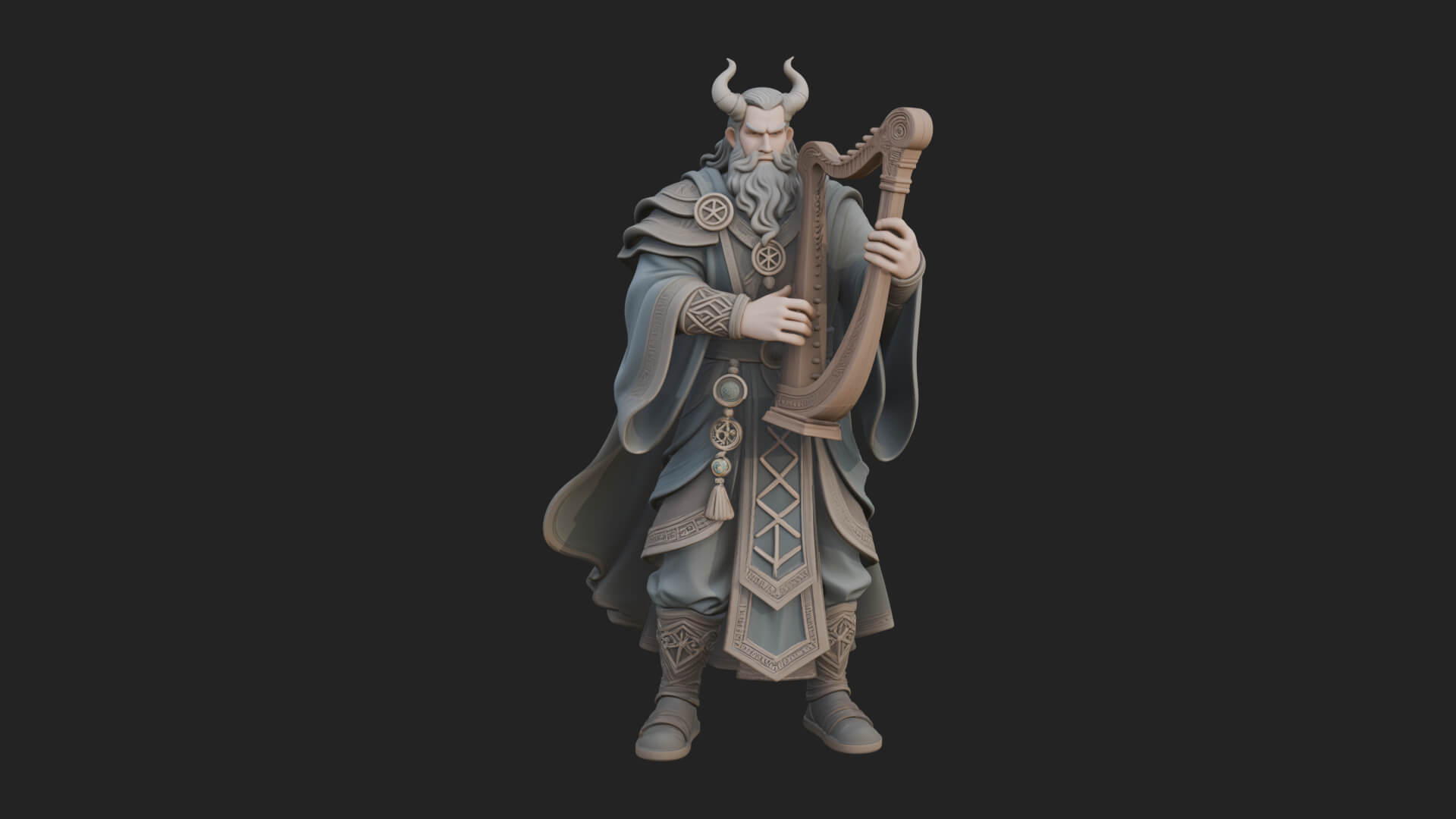 Horned Bard with Harp Statue Design 1 3D Print Model 3D Model