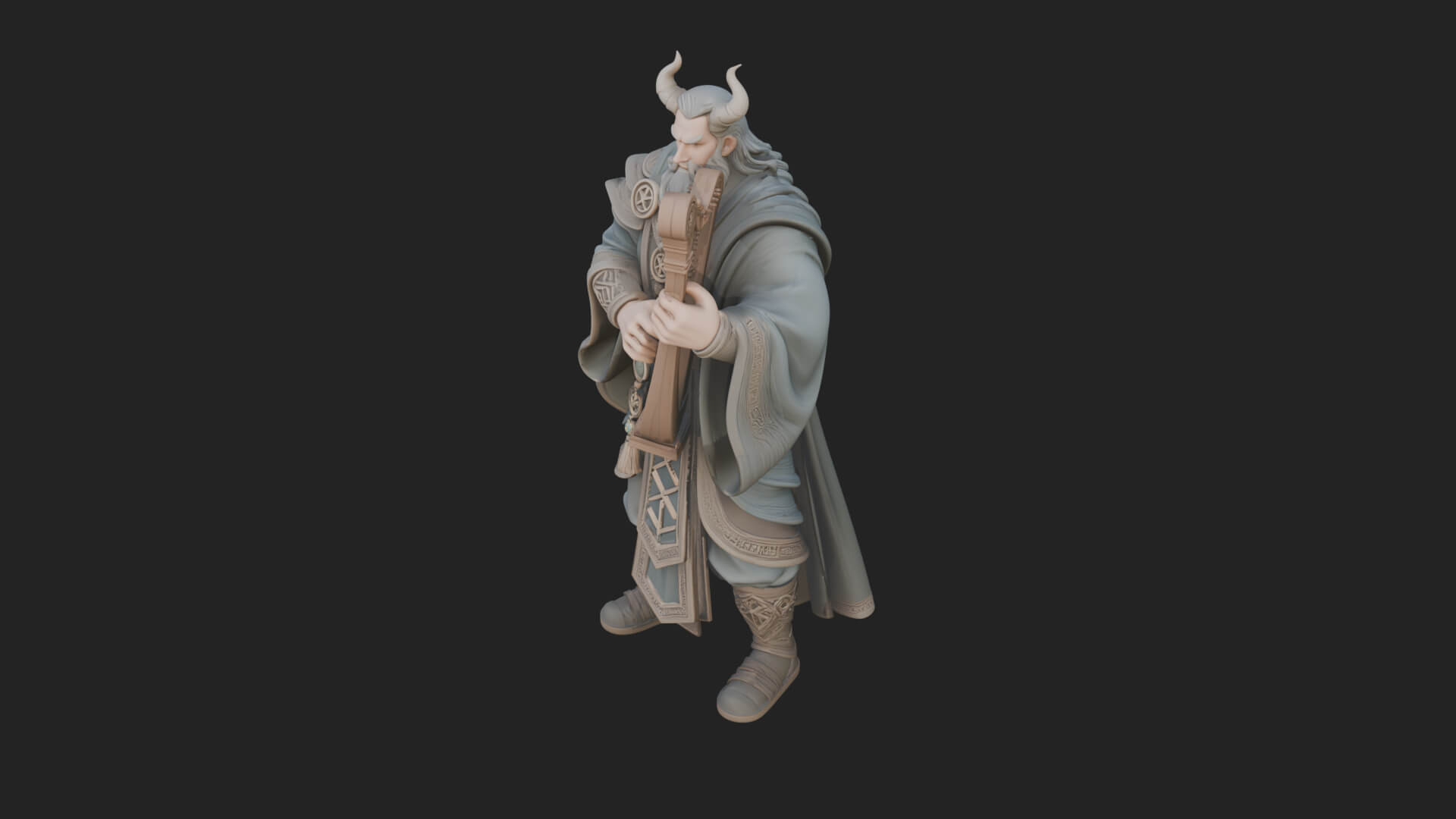 Horned Bard with Harp Statue Design 1 3D Print Model 3D Model