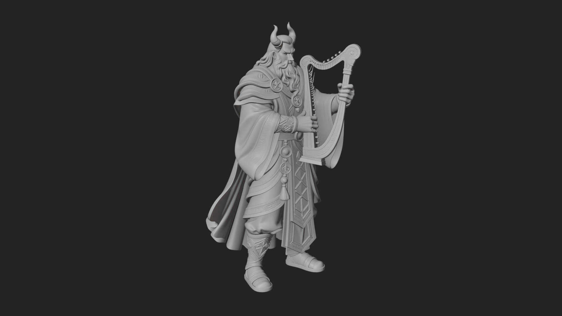 Horned Bard with Harp Statue Design 1 3D Print Model 3D Model