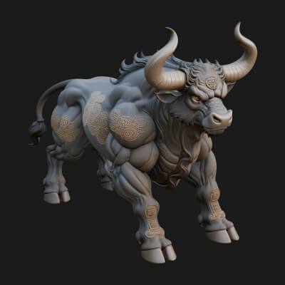 Horned Bull Animal Statue Design 2 3D Print Model