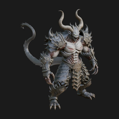 Horned Demon Armored Statue Design 4 3D Print Model
