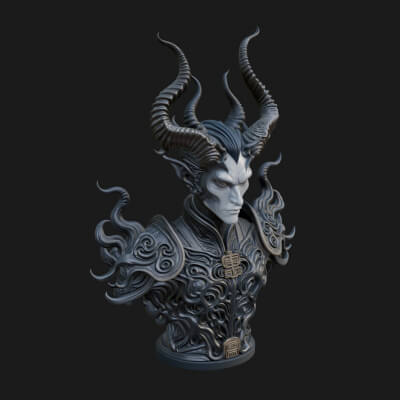 Horned Demon Lord Bust Statue Design 5 3D Print Model