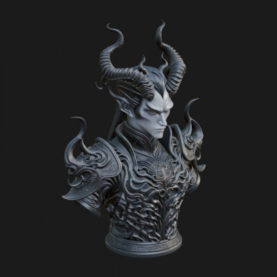 Horned Demon Lord Bust Statue Design 7 3D Print Model