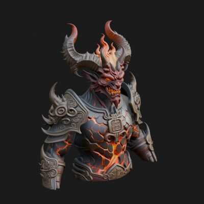 Horned Demon Lord Bust Statue Design 9 3D Print Model