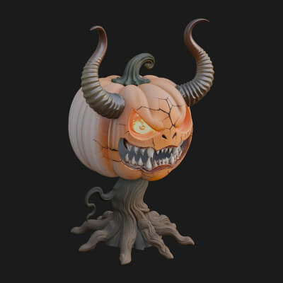 Horned Demon Pumpkin Statue Design 2 3D Print Model