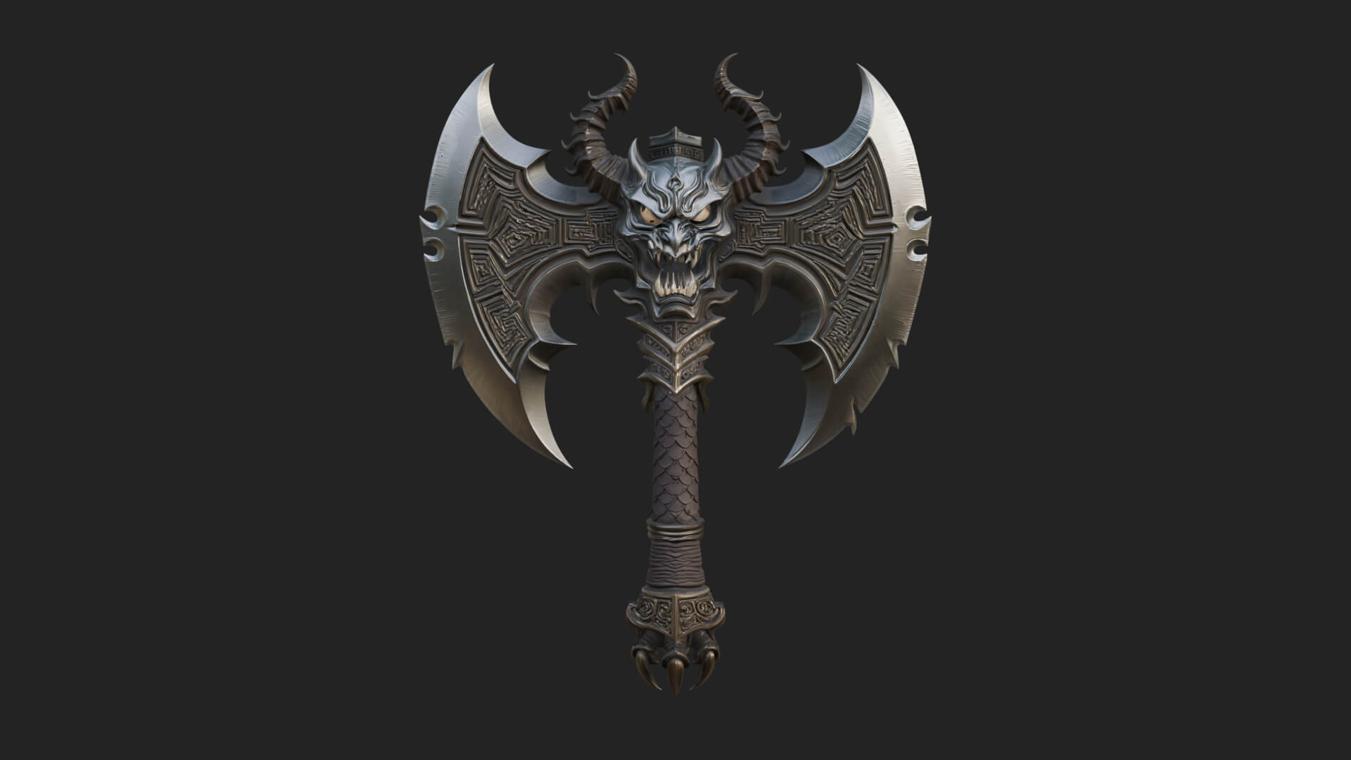 Horned Demon Skull Axe Model Design 1 3D Print Model 3D Model