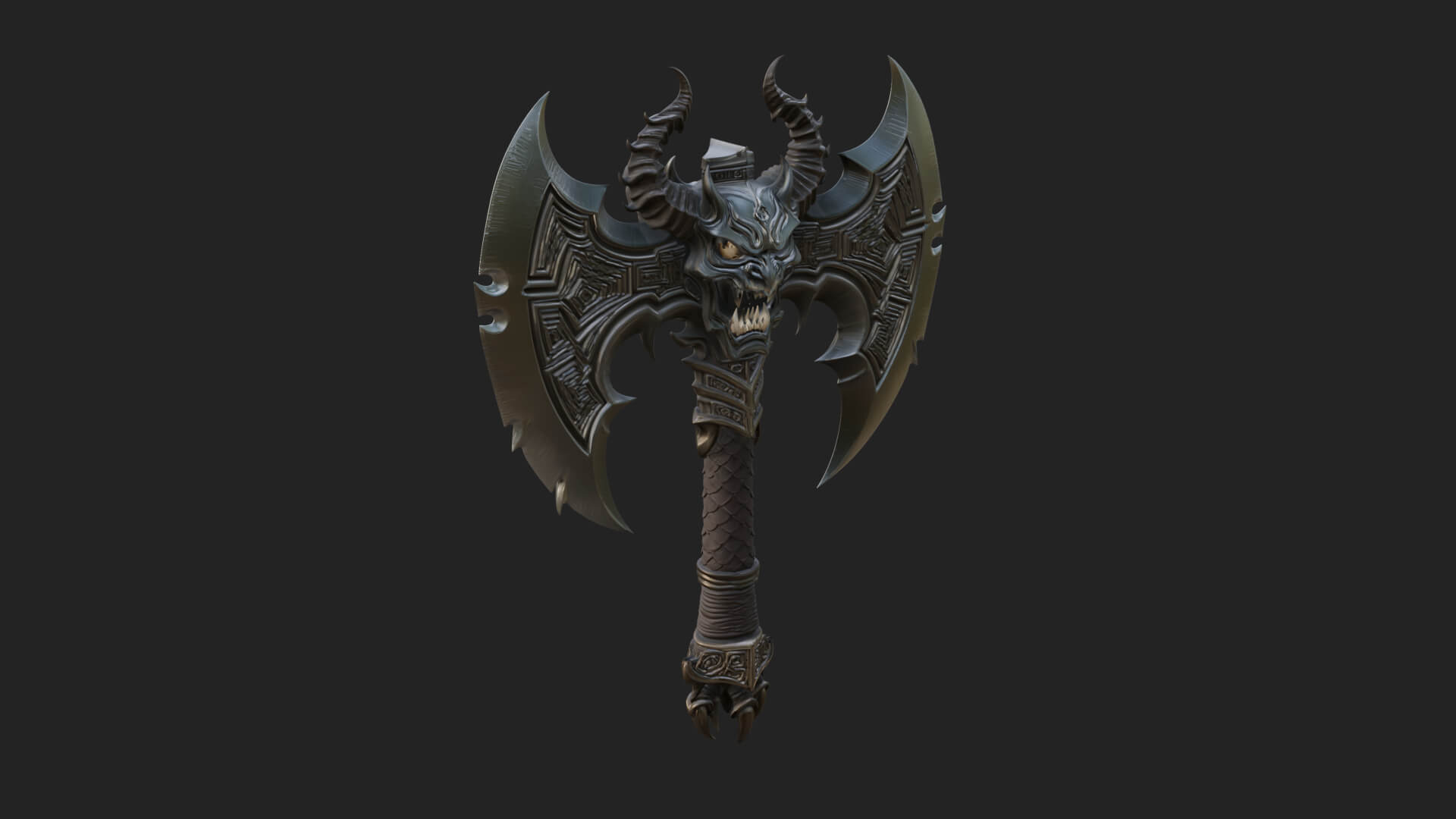 Horned Demon Skull Axe Model Design 1 3D Print Model 3D Model