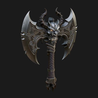 Horned Demon Skull Axe Model Design 1 3D Print Model