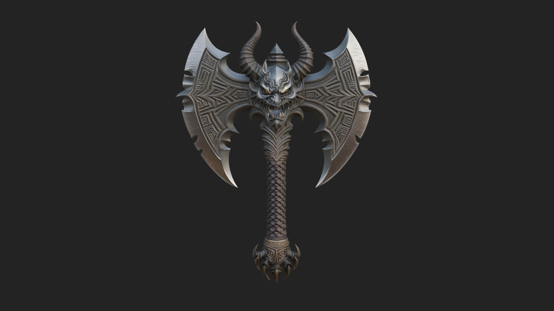 Horned Demon Skull Axe Model Design 2 3D Print Model 3D Model