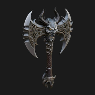Horned Demon Skull Axe Model Design 3 3D Print Model