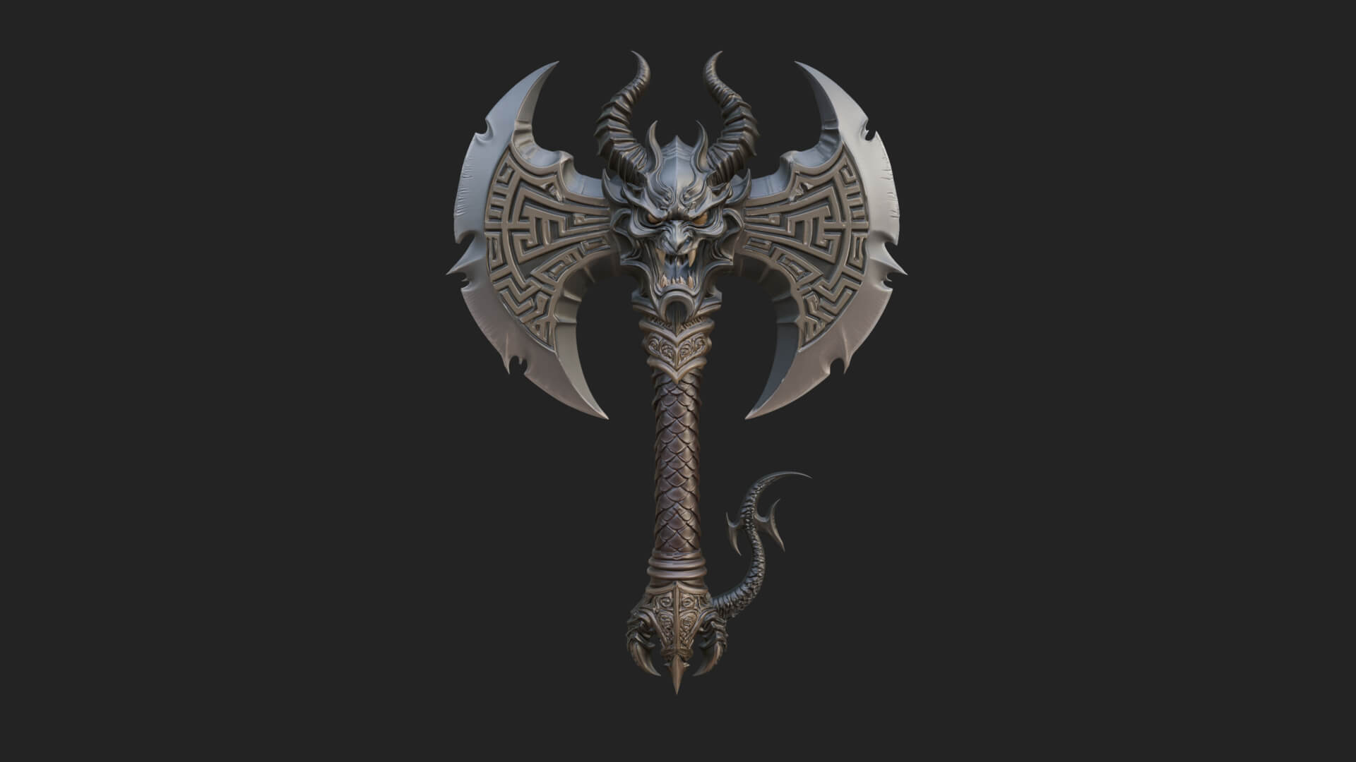 Horned Demon Skull Axe Model Design 4 3D Print Model 3D Model