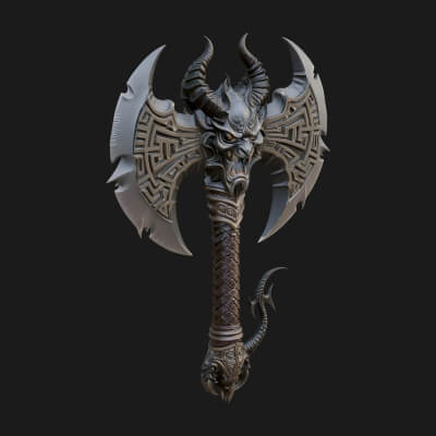 Horned Demon Skull Axe Model Design 4 3D Print Model