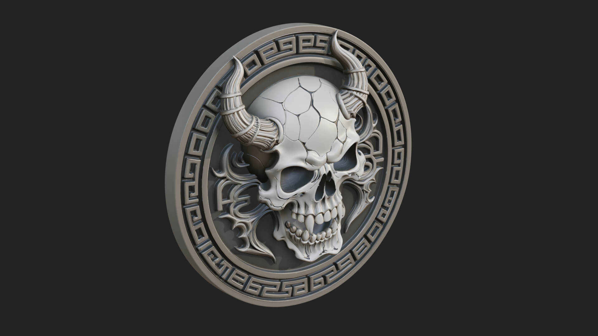 Horned Demon Skull Oval Plaque Design 1 3D Print Model 3D Model