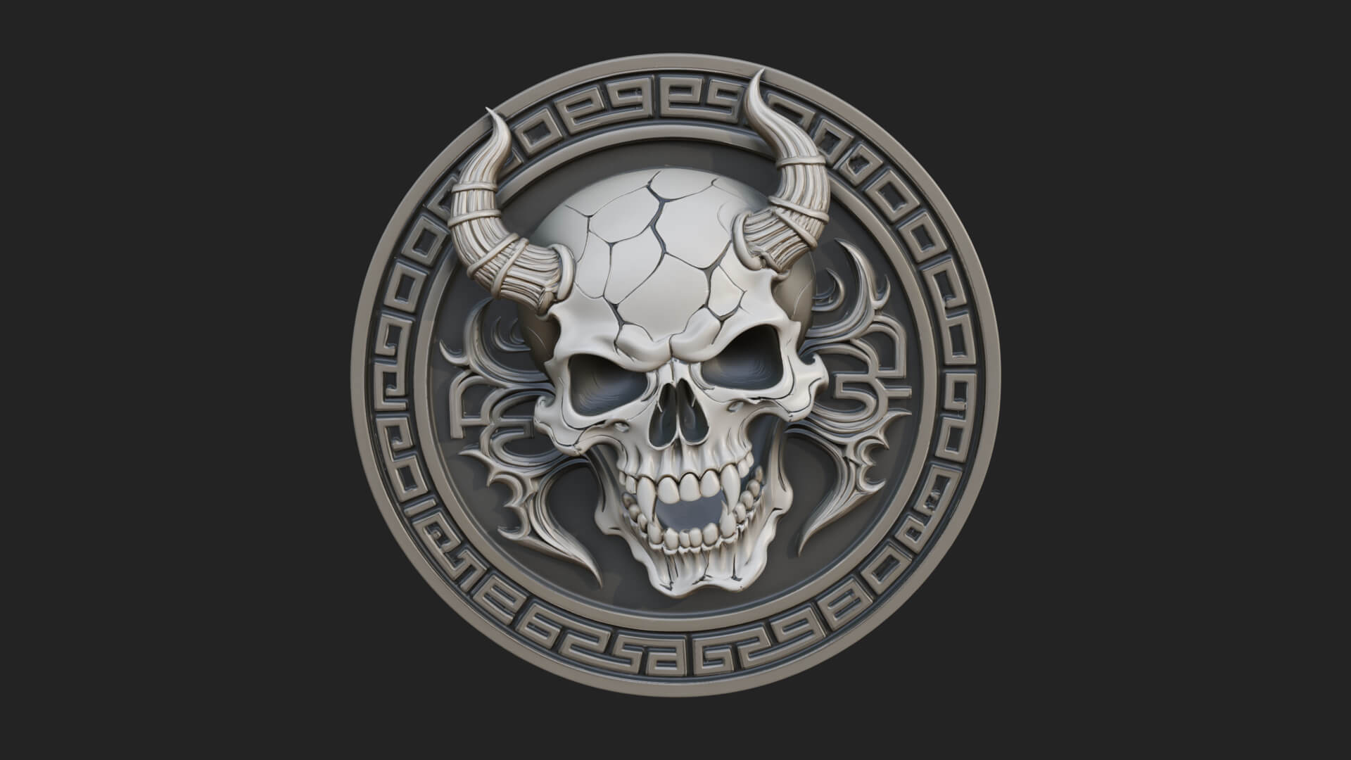 Horned Demon Skull Oval Plaque Design 1 3D Print Model 3D Model