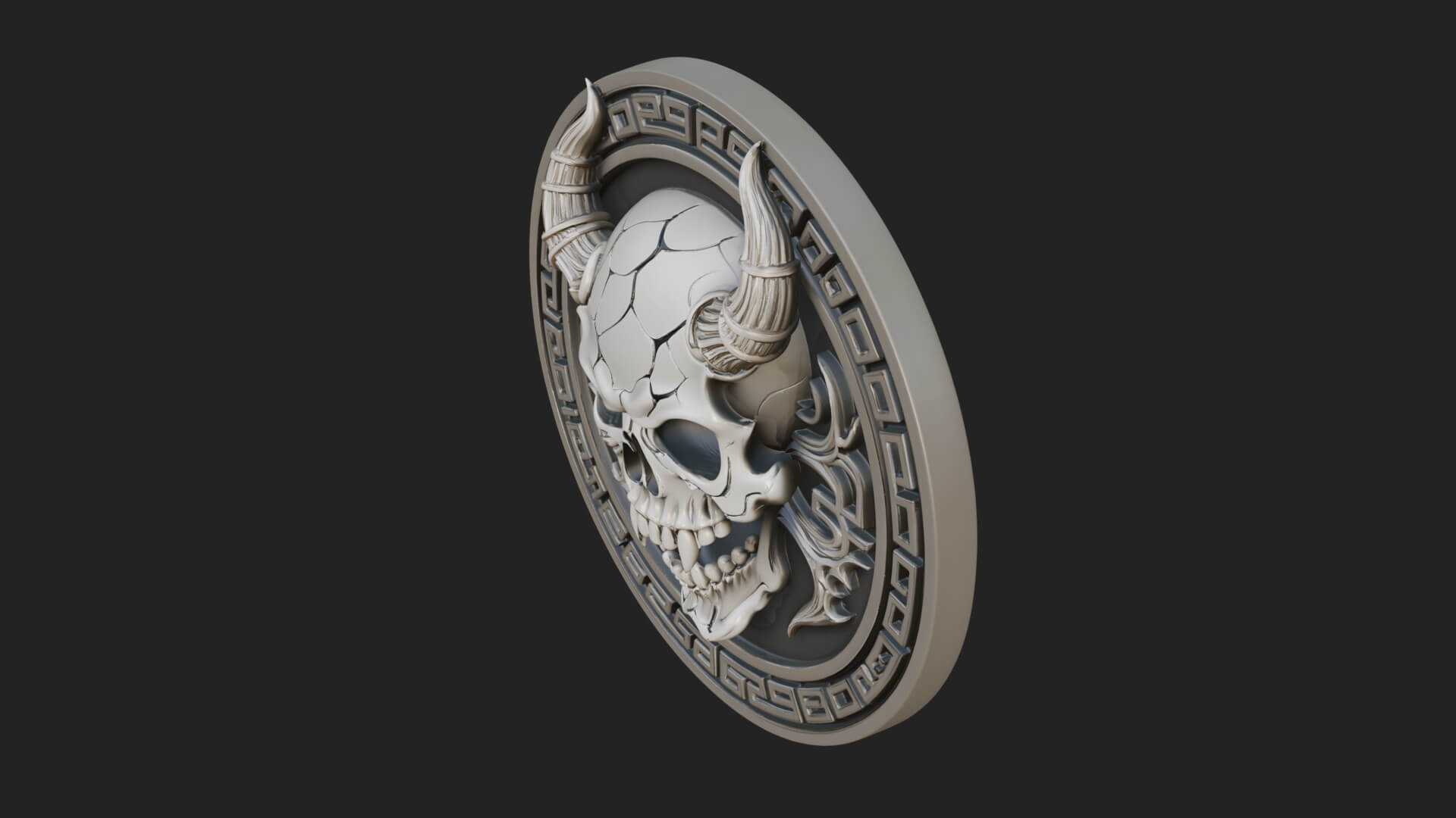 Horned Demon Skull Oval Plaque Design 1 3D Print Model 3D Model