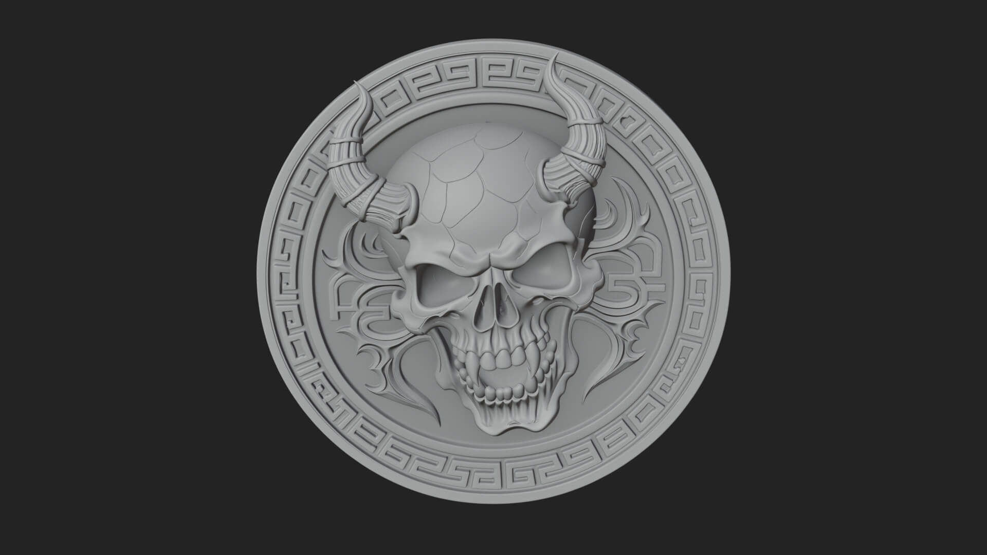 Horned Demon Skull Oval Plaque Design 1 3D Print Model 3D Model