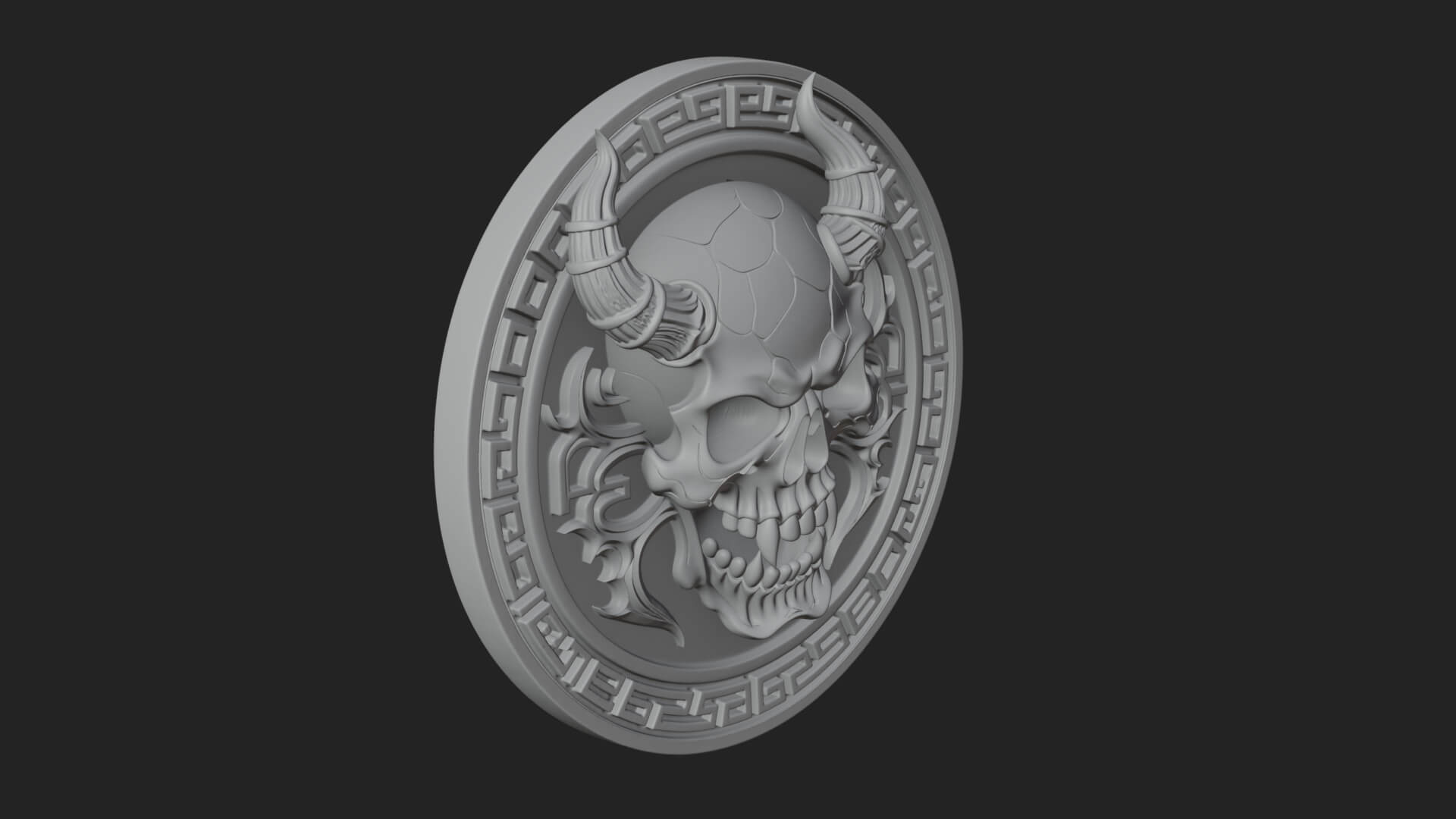Horned Demon Skull Oval Plaque Design 1 3D Print Model 3D Model