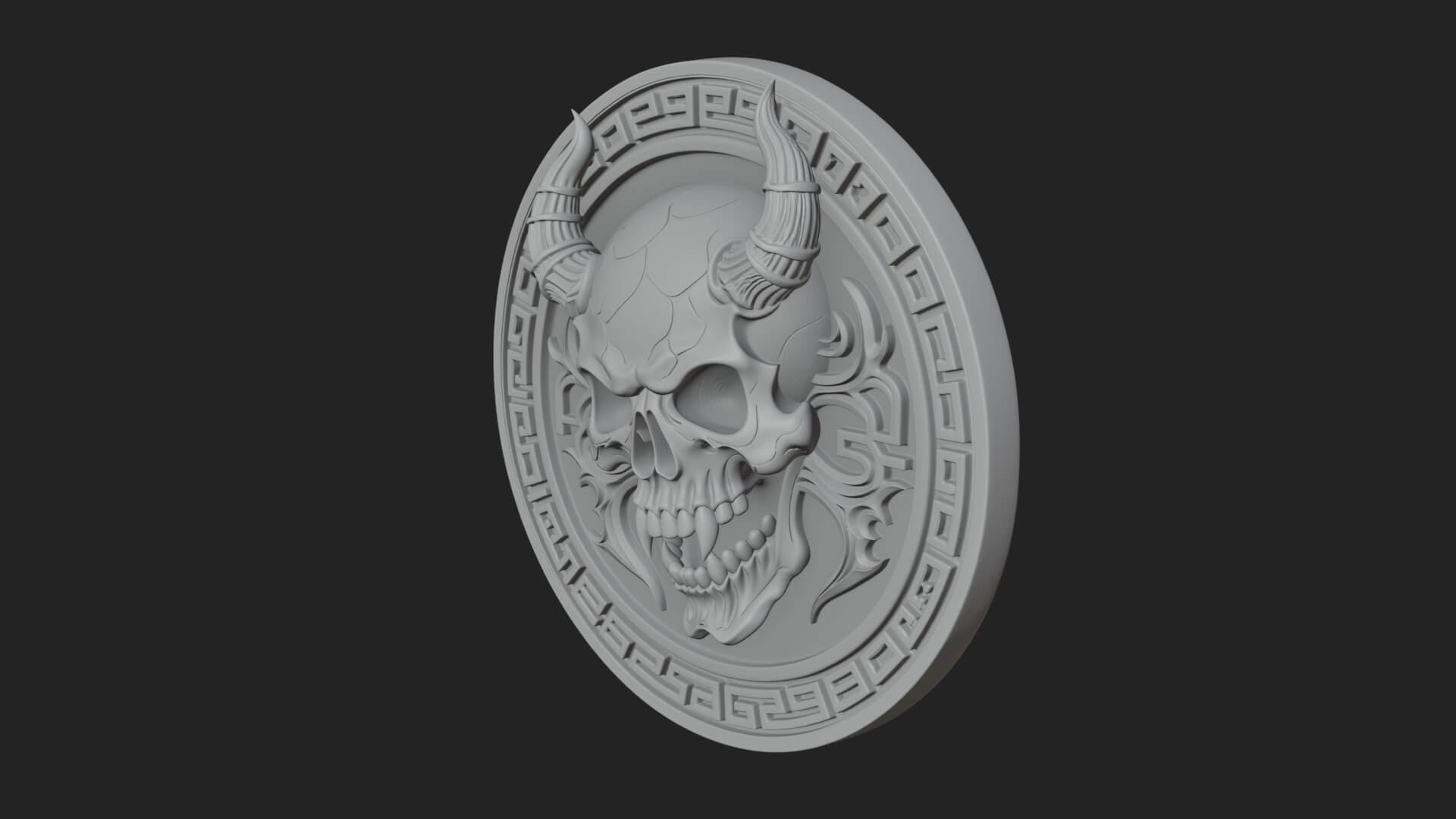 Horned Demon Skull Oval Plaque Design 1 3D Print Model 3D Model