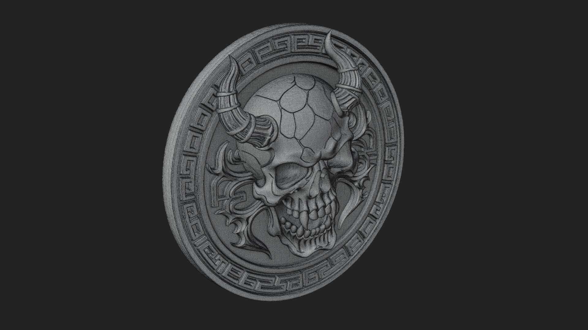 Horned Demon Skull Oval Plaque Design 1 3D Print Model 3D Model