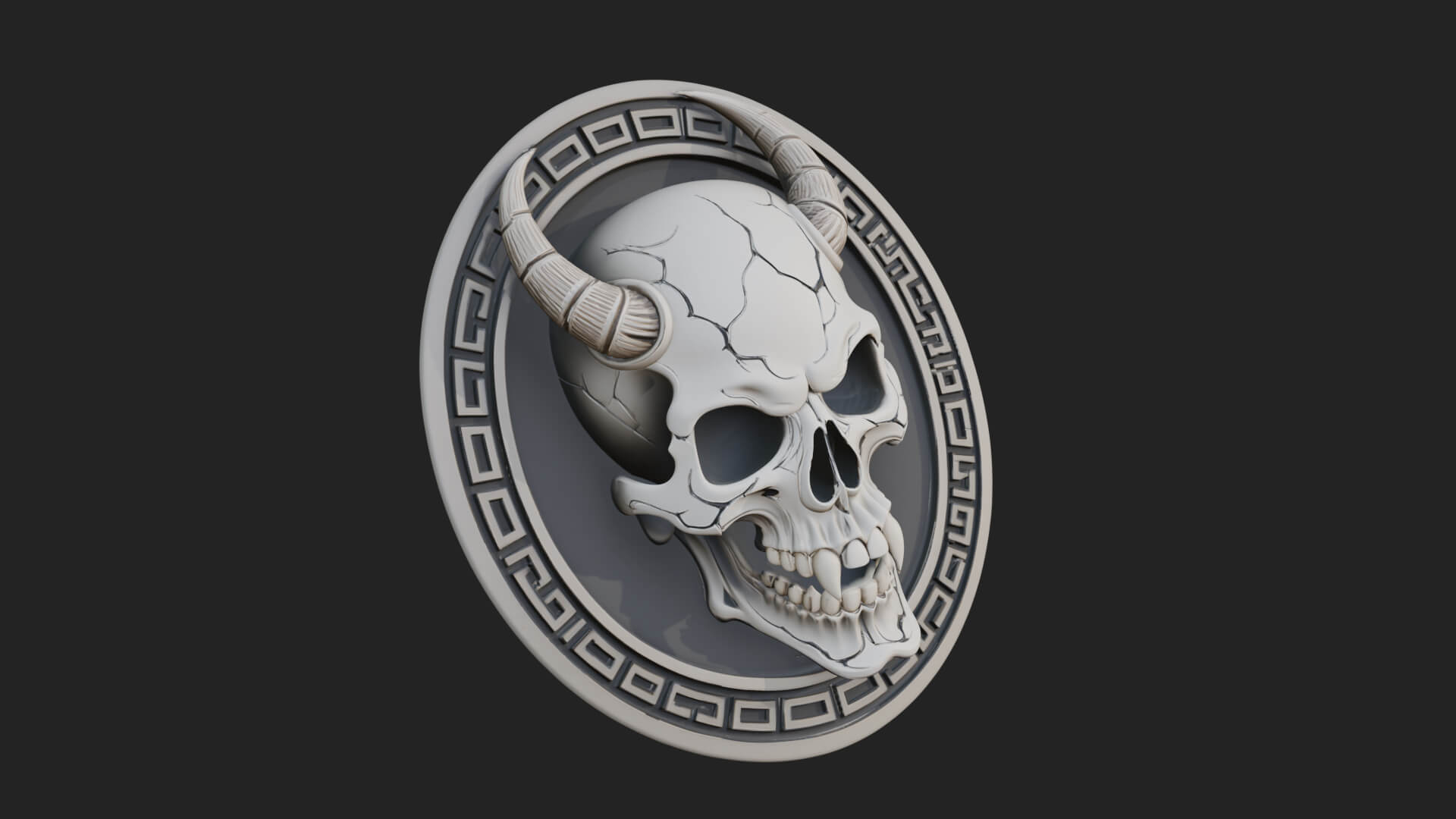Horned Demon Skull Oval Plaque Design 2 3D Print Model 3D Model