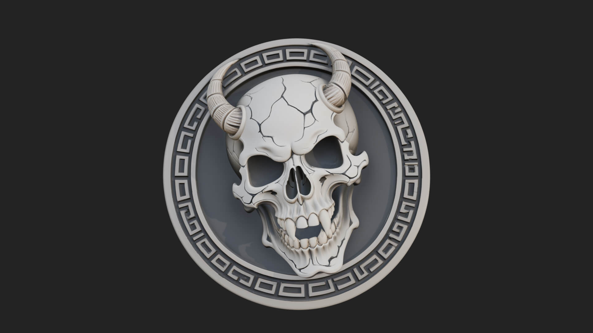 Horned Demon Skull Oval Plaque Design 2 3D Print Model 3D Model