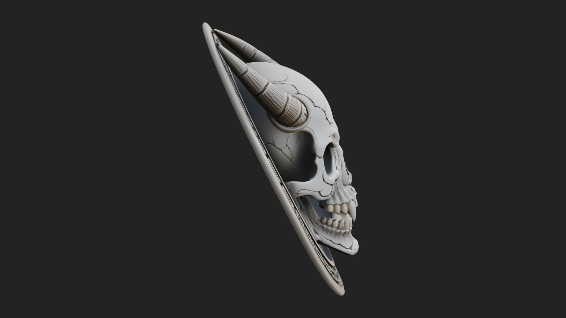 Horned Demon Skull Oval Plaque Design 2 3D Print Model 3D Model