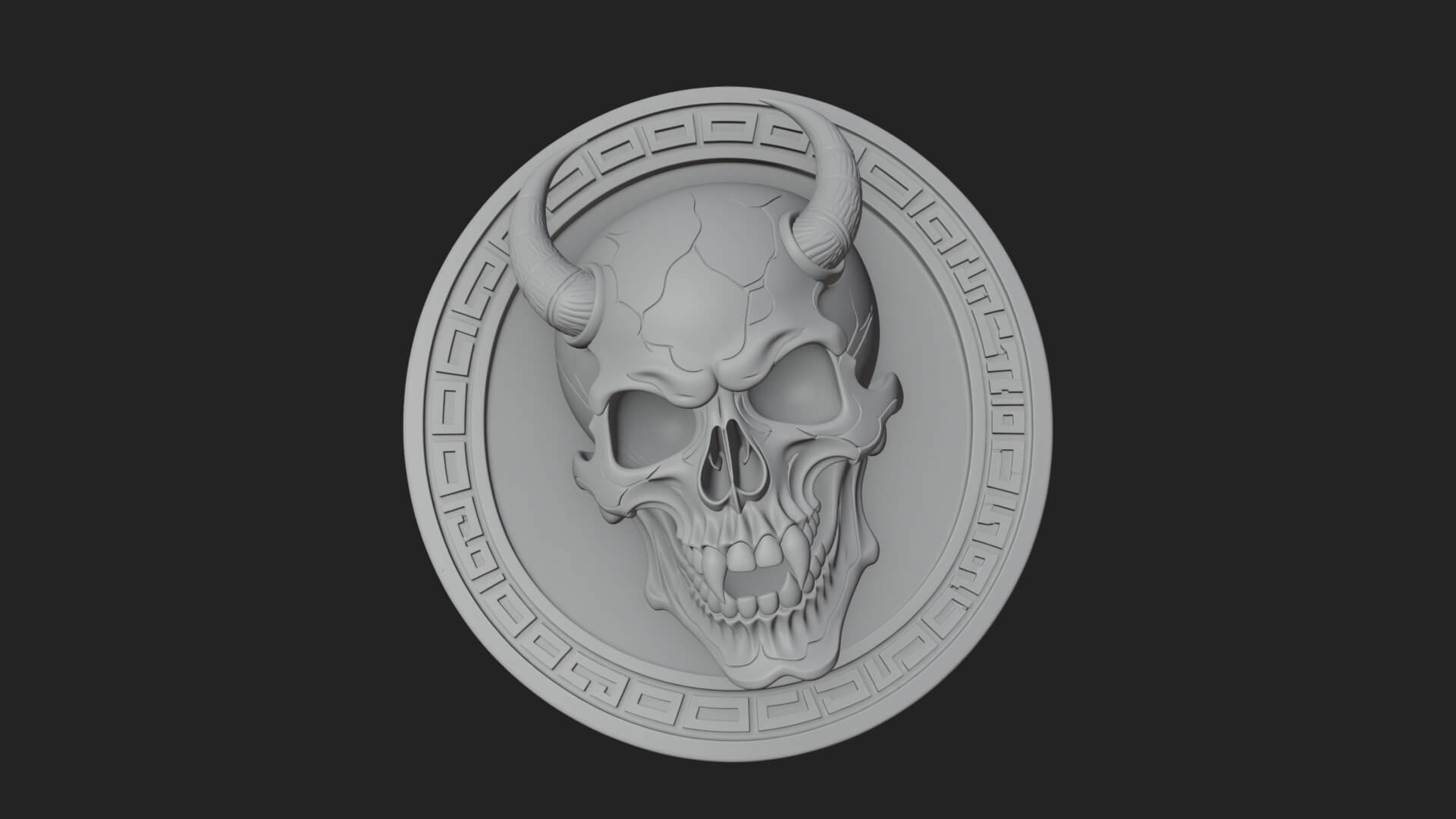 Horned Demon Skull Oval Plaque Design 2 3D Print Model 3D Model