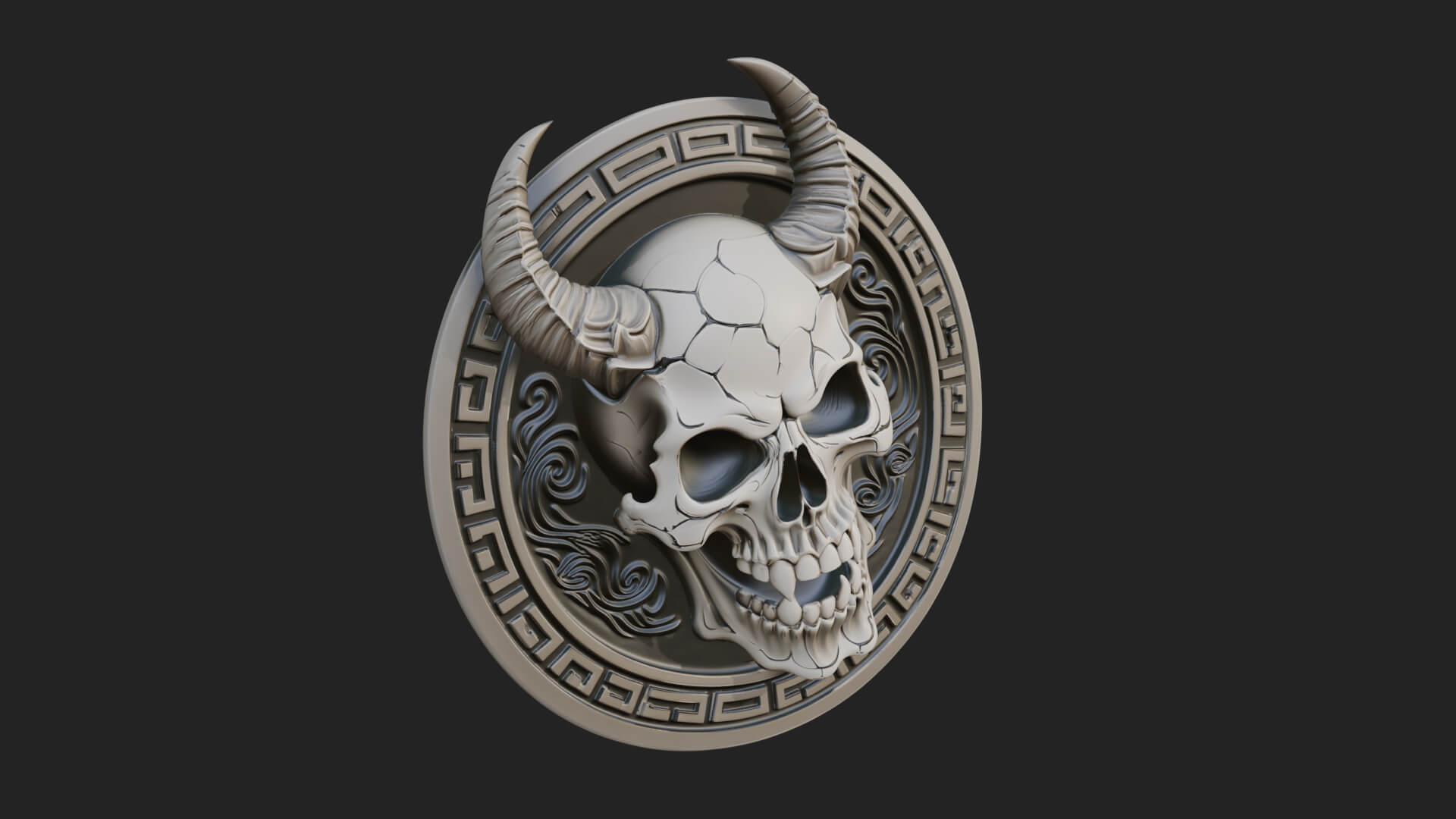 Horned Demon Skull Oval Plaque Design 3 3D Print Model 3D Model