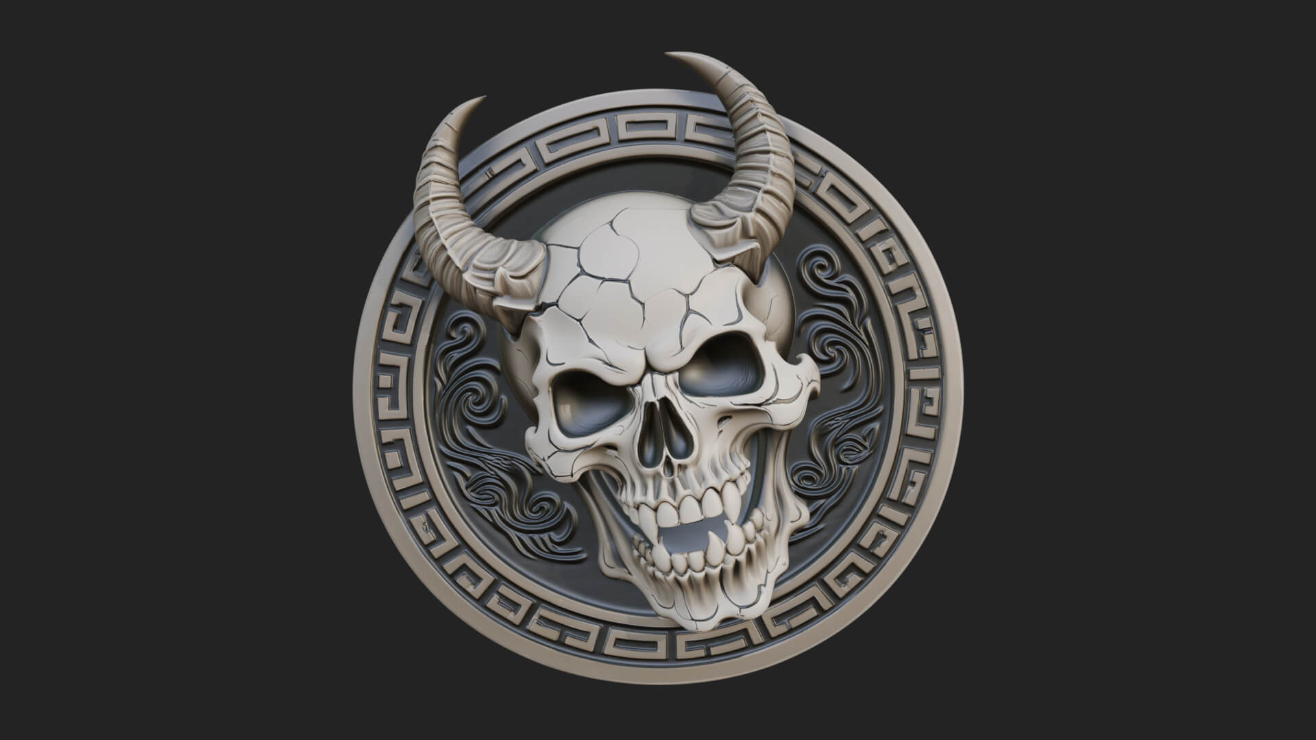 Horned Demon Skull Oval Plaque Design 3 3D Print Model 3D Model