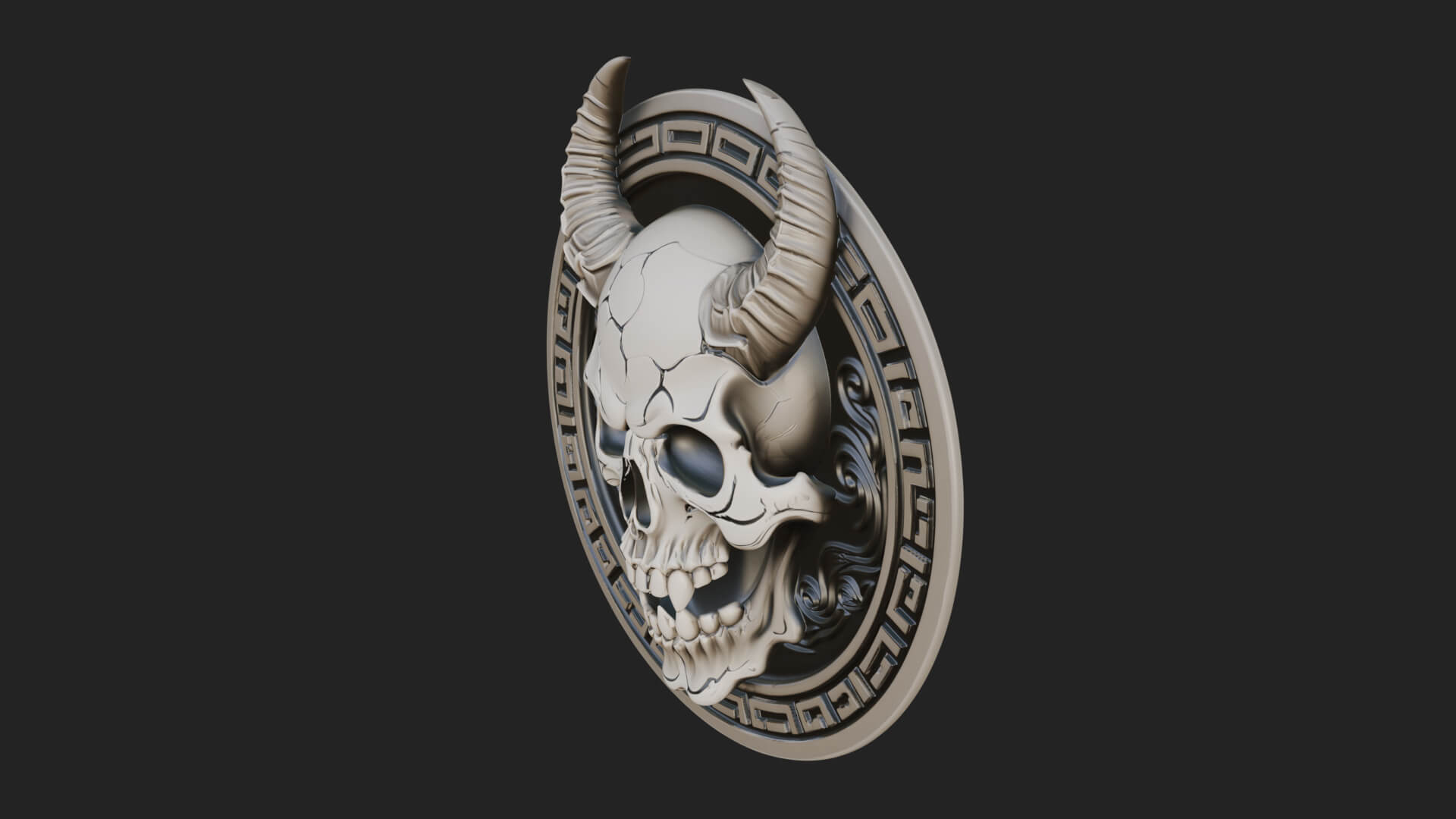 Horned Demon Skull Oval Plaque Design 3 3D Print Model 3D Model