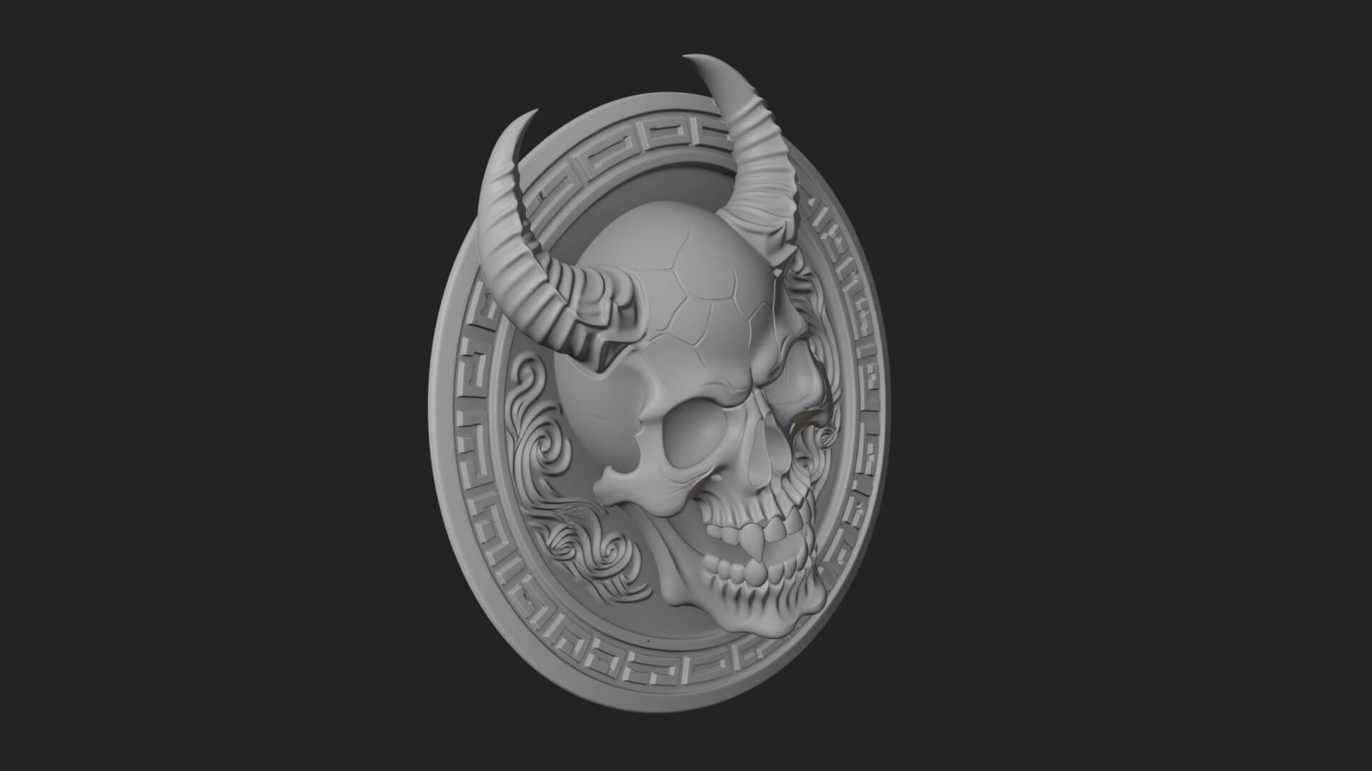 Horned Demon Skull Oval Plaque Design 3 3D Print Model 3D Model