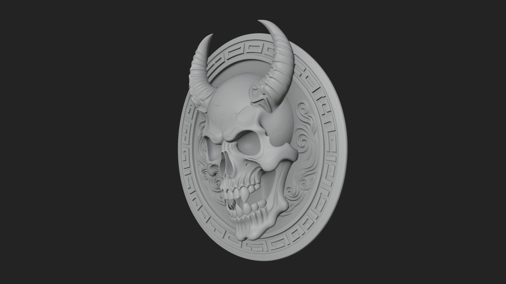 Horned Demon Skull Oval Plaque Design 3 3D Print Model 3D Model
