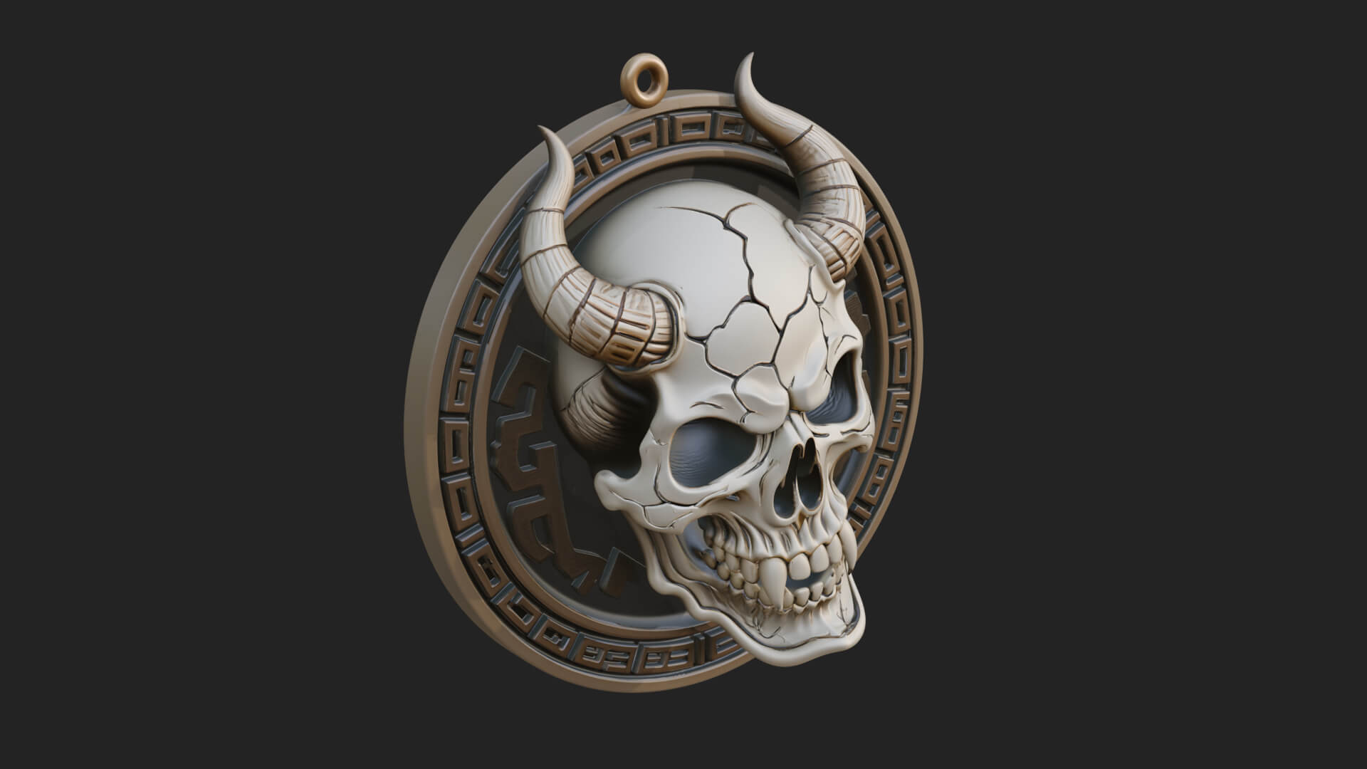 Horned Demon Skull Oval Plaque Design 4 3D Print Model 3D Model