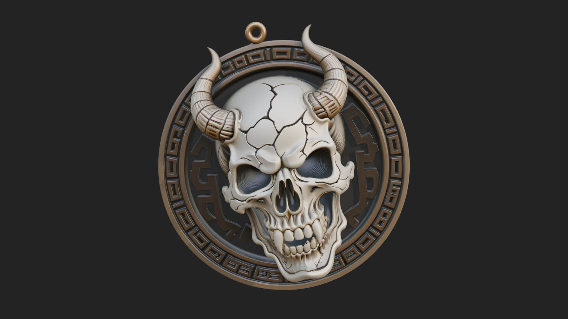Horned Demon Skull Oval Plaque Design 4 3D Print Model 3D Model