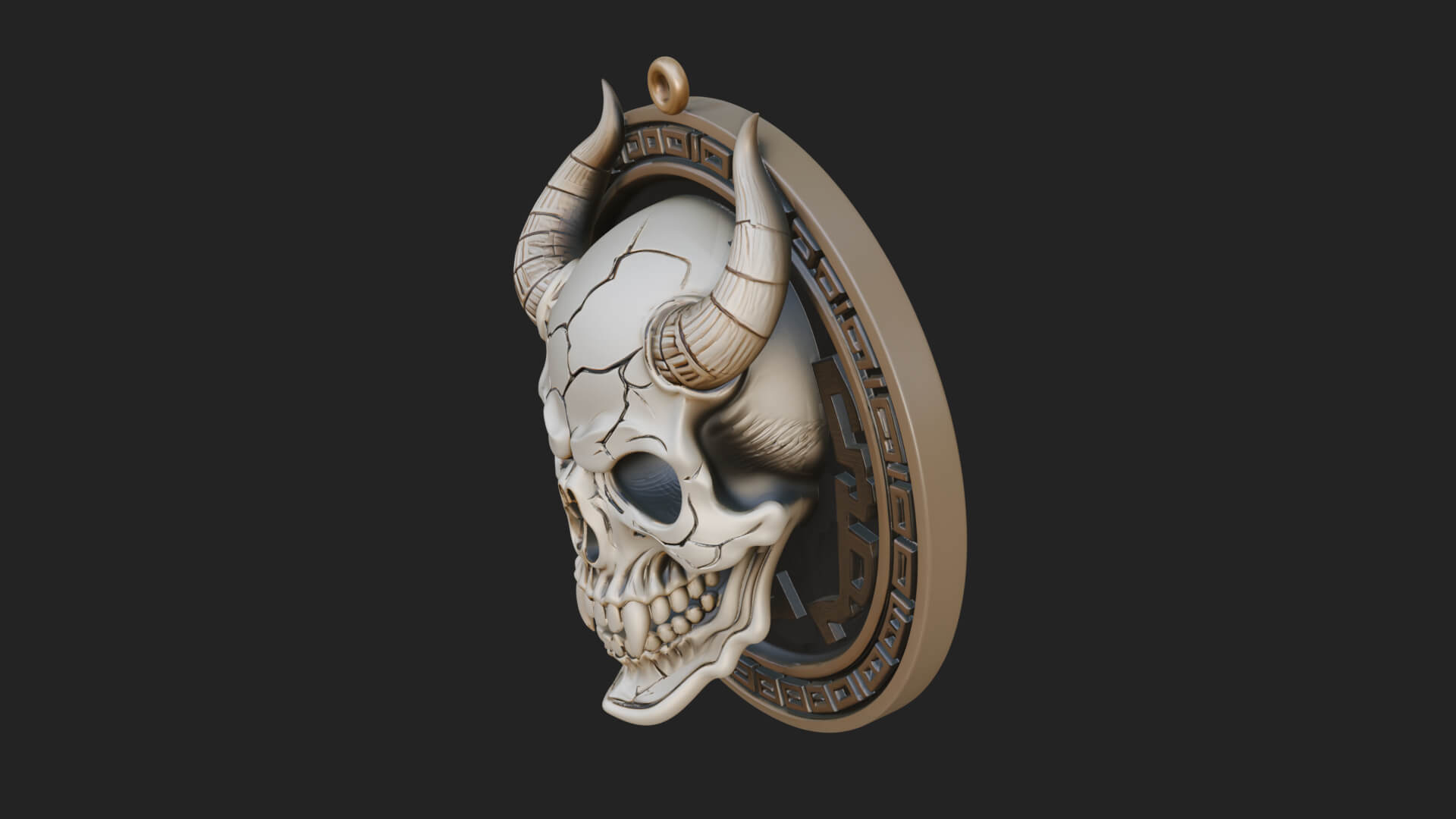Horned Demon Skull Oval Plaque Design 4 3D Print Model 3D Model