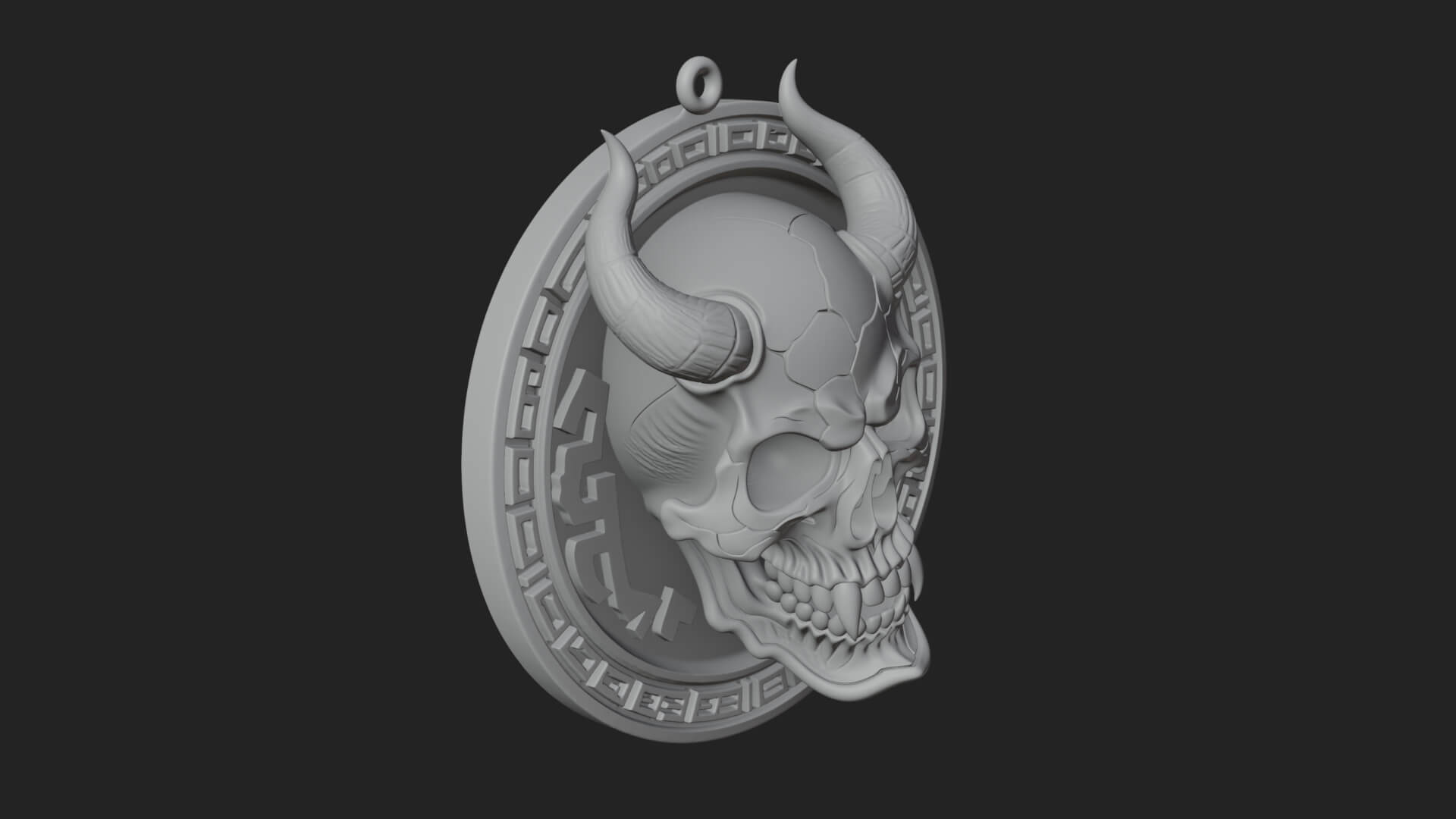 Horned Demon Skull Oval Plaque Design 4 3D Print Model 3D Model