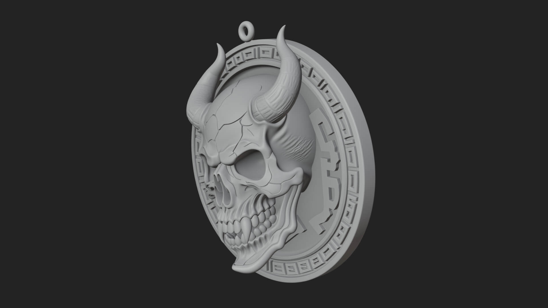 Horned Demon Skull Oval Plaque Design 4 3D Print Model 3D Model