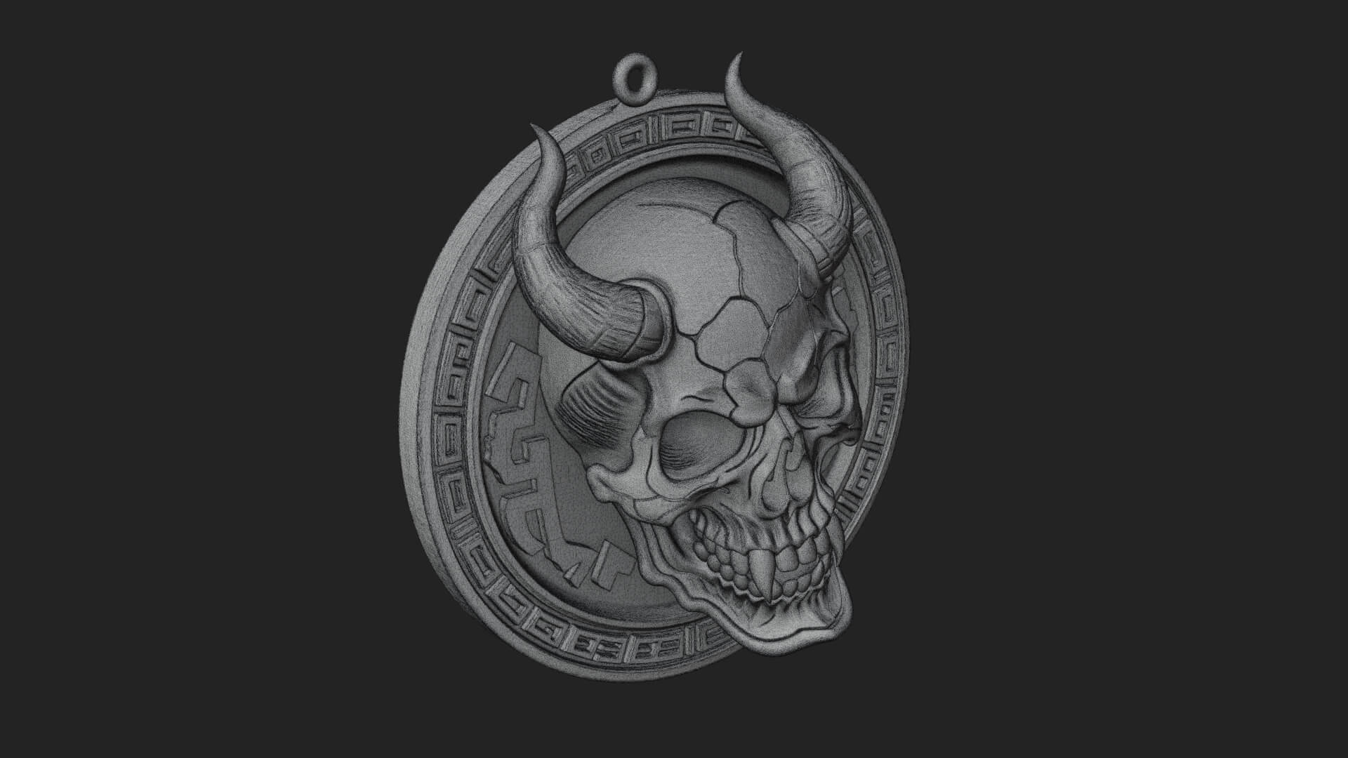 Horned Demon Skull Oval Plaque Design 4 3D Print Model 3D Model