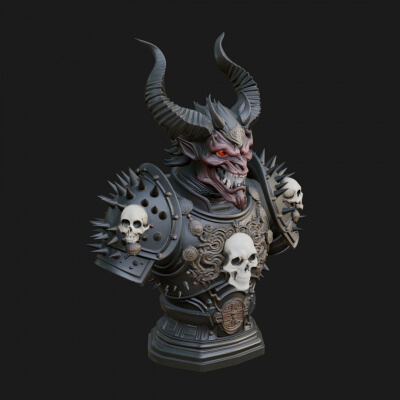 Horned Demon Warrior Bust Statue Design 1 3D Print Model