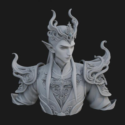 Horned Elf Lord Bust Statue Design 1 3D Print Model