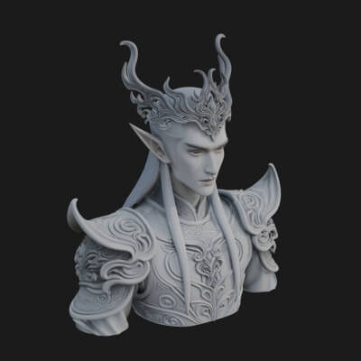 Horned Elf Lord Bust Statue Design 7 3D Print Model