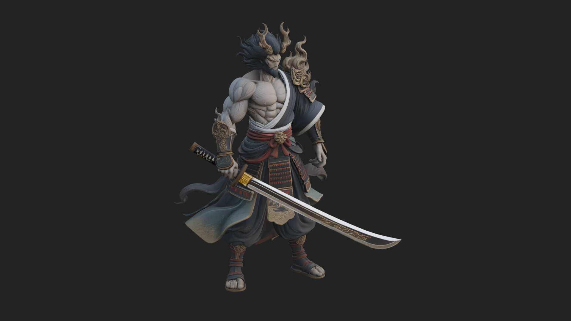 Horned Oni Samurai Statue Design 1 3D Print Model 3D Model