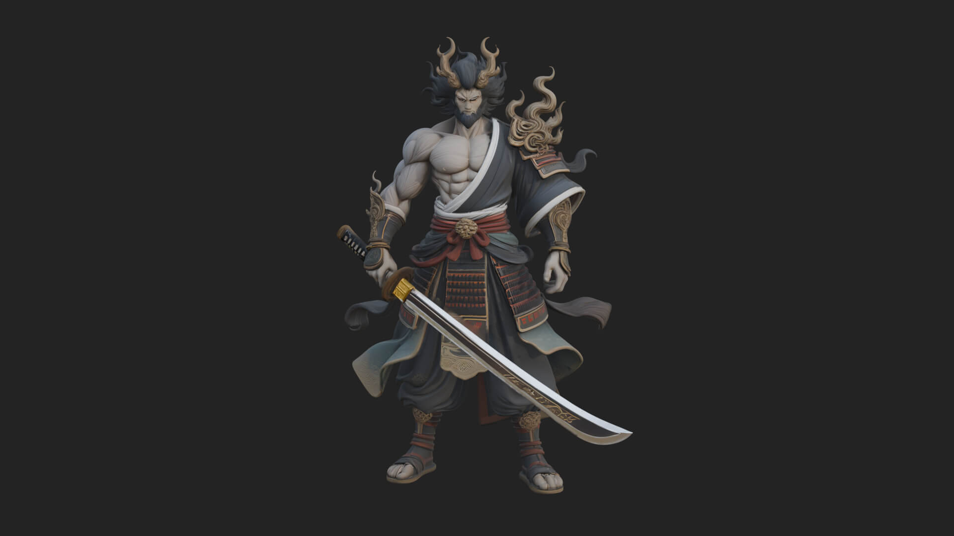 Horned Oni Samurai Statue Design 1 3D Print Model 3D Model