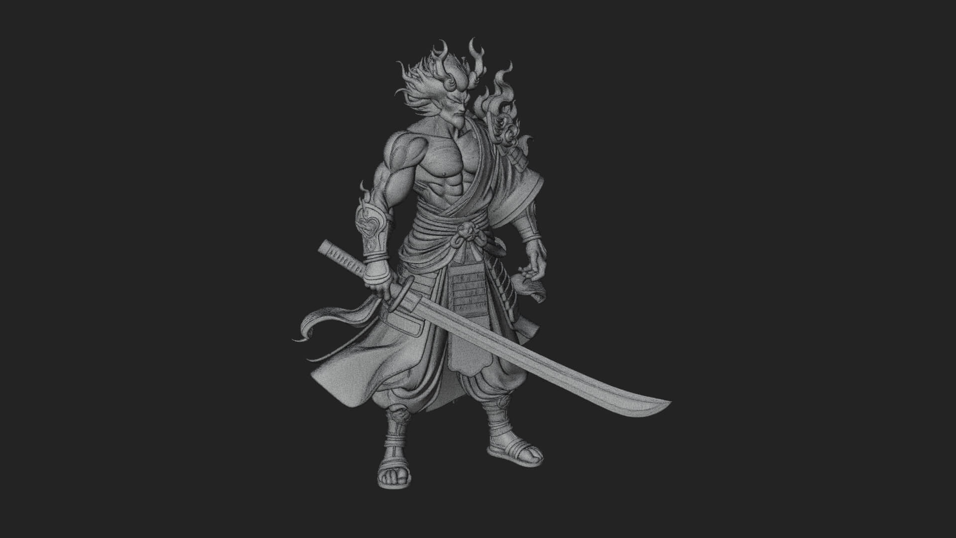 Horned Oni Samurai Statue Design 1 3D Print Model 3D Model