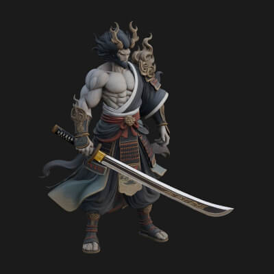 Horned Oni Samurai Statue Design 1 3D Print Model