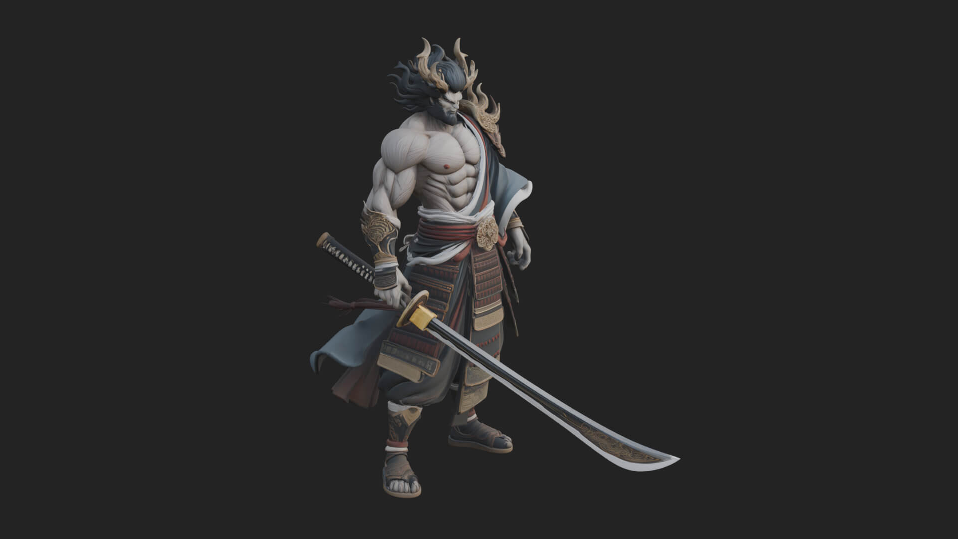 Horned Oni Samurai Statue Design 2 3D Print Model 3D Model