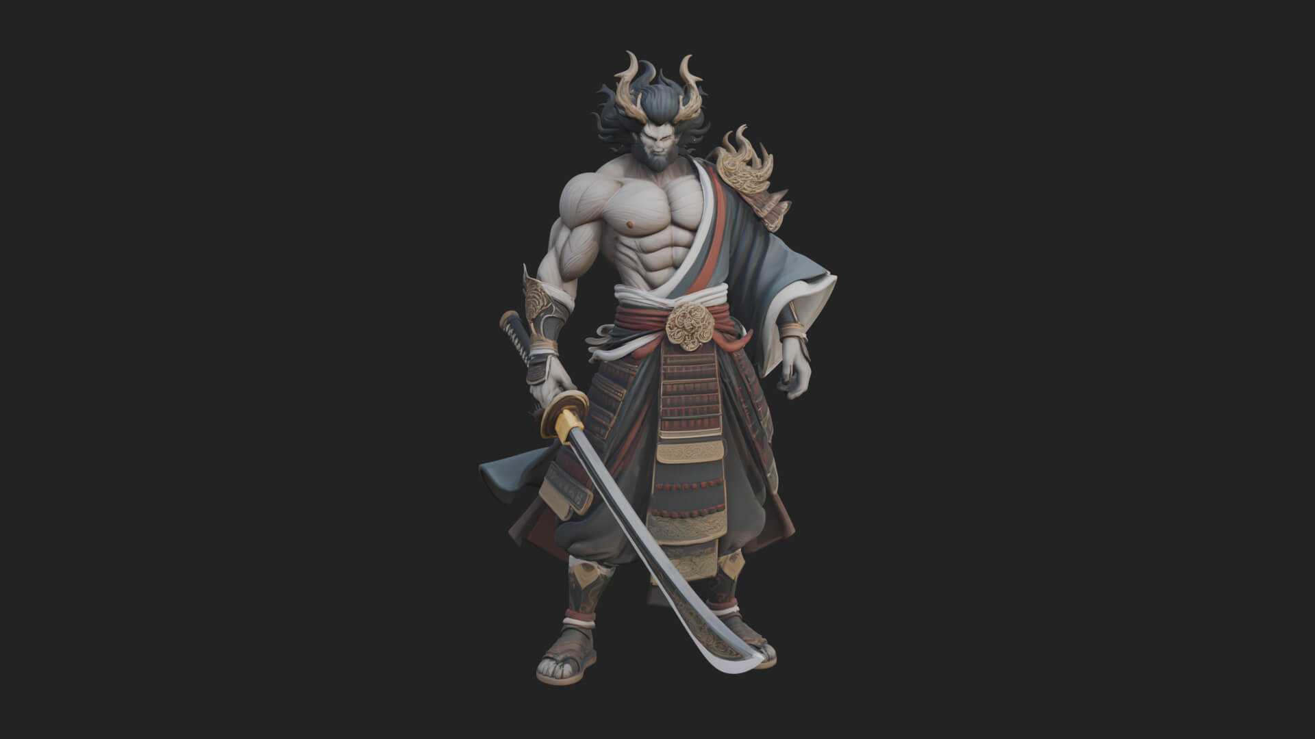 Horned Oni Samurai Statue Design 2 3D Print Model 3D Model
