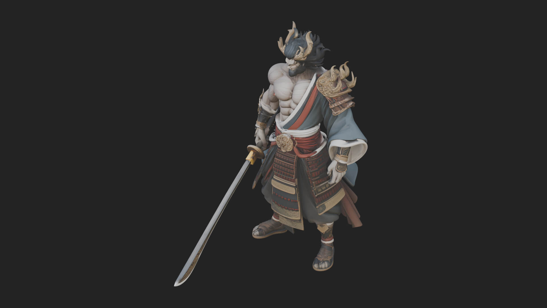 Horned Oni Samurai Statue Design 2 3D Print Model 3D Model