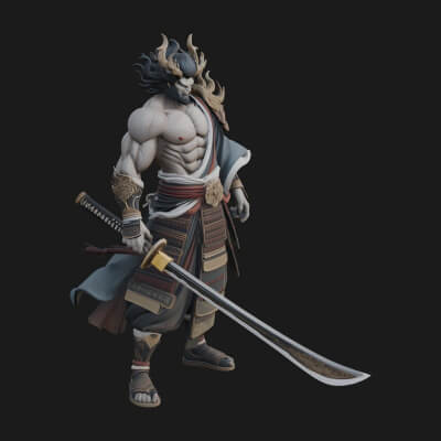 Horned Oni Samurai Statue Design 2 3D Print Model