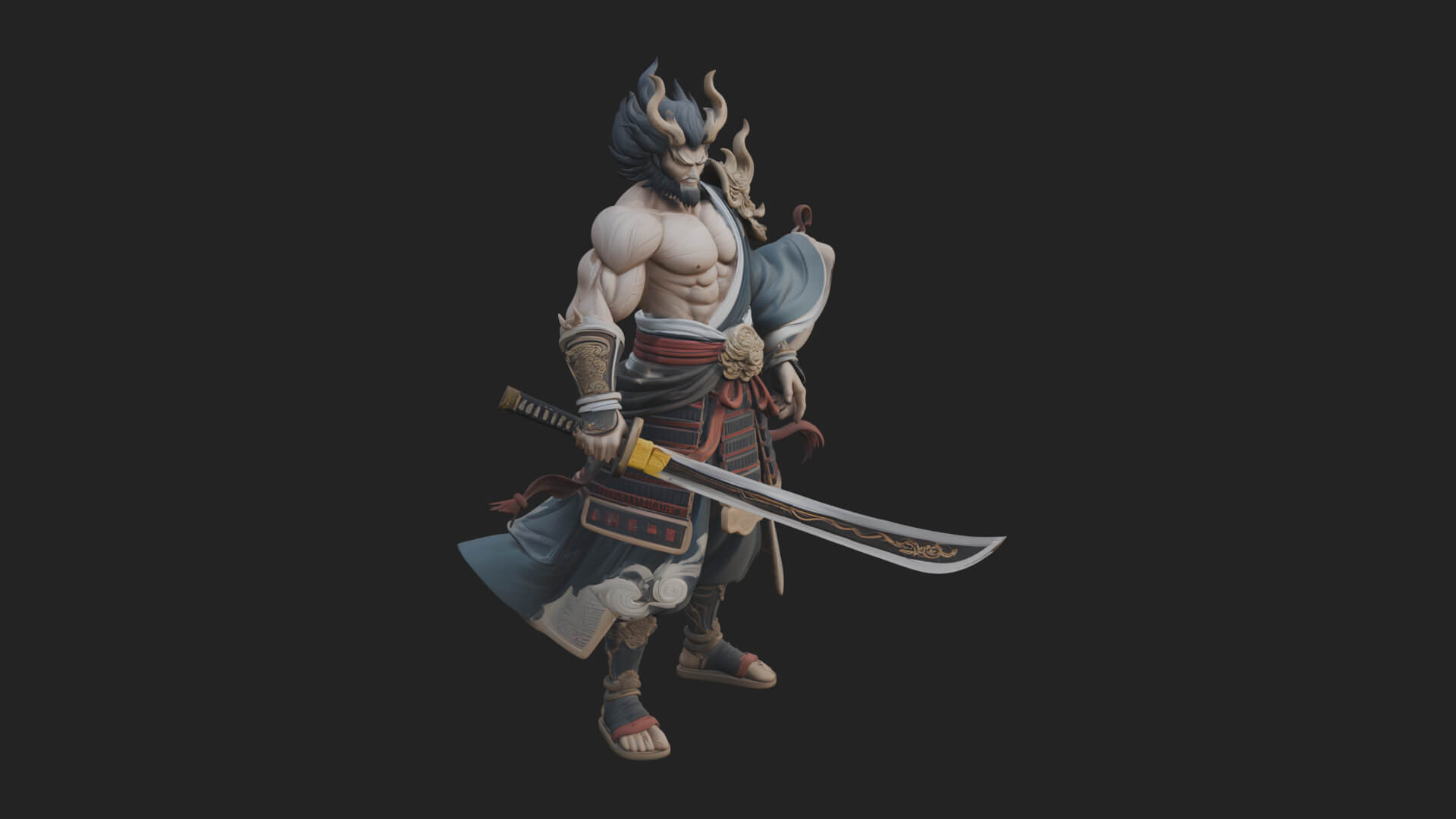Horned Oni Samurai Statue Design 3 3D Print Model 3D Model